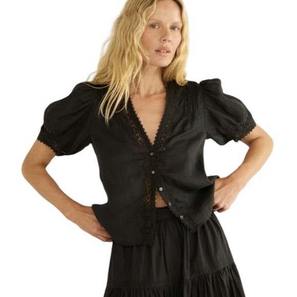 Doen Tops - DÔEN Brigitta Lace Trim Top Womens Small Black Short Sleeve Ramie Coquette